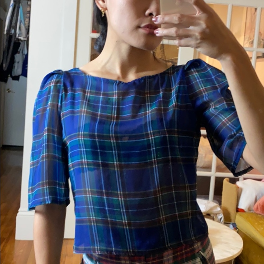 American Apparel Cropped Plaid Chiffon Top - Picture 6 of 8